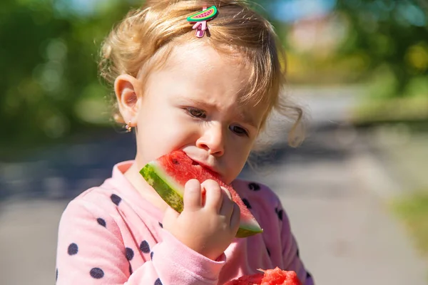 Child Eats Watermelon Summer Selective Focus Kid — Stockfoto