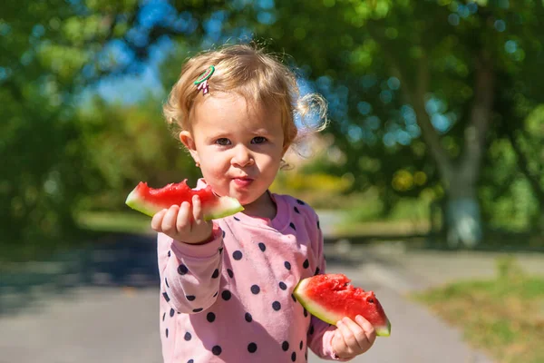 Child Eats Watermelon Summer Selective Focus Kid — Foto Stock