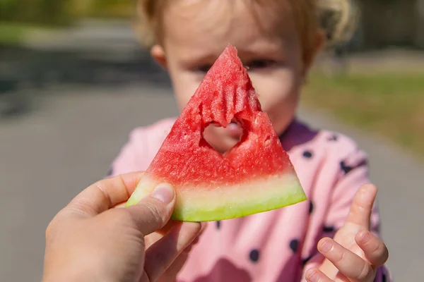 Child Eats Watermelon Summer Selective Focus Kid — Stock Photo, Image