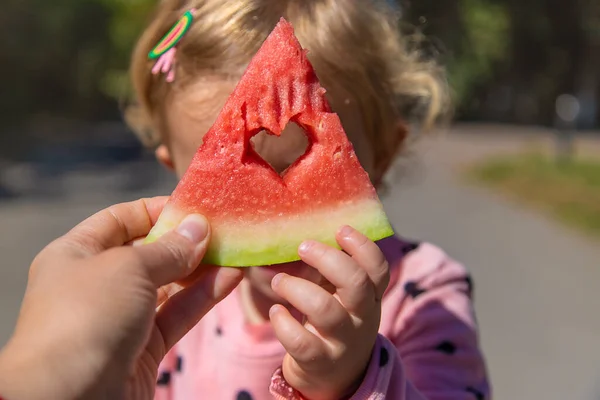 Child Eats Watermelon Summer Selective Focus Kid —  Fotos de Stock