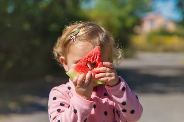 Child Eats Watermelon Summer Selective Focus Kid — Stockfoto