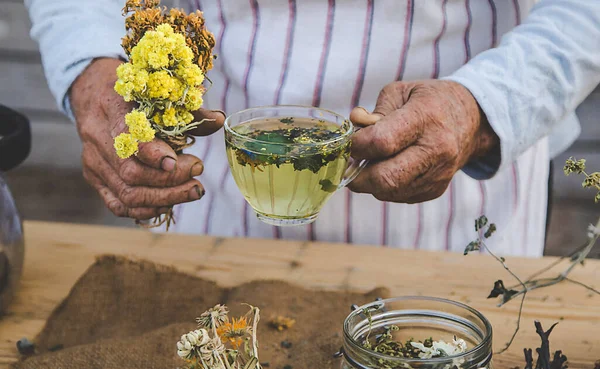 Grandmother makes tea with medicinal herbs. Selective focus. Nature.