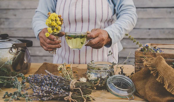 Grandmother makes tea with medicinal herbs. Selective focus. Nature.