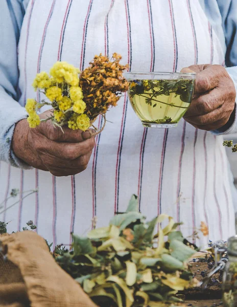 Grandmother makes tea with medicinal herbs. Selective focus. Nature.