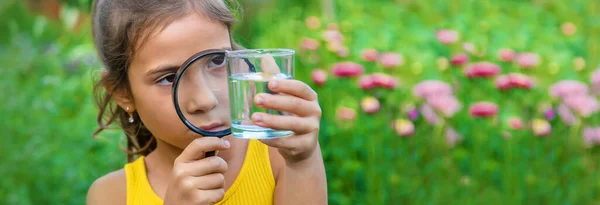 Bambino Esamina Una Lente Acqua Con Una Lente Ingrandimento Concentrazione — Foto Stock