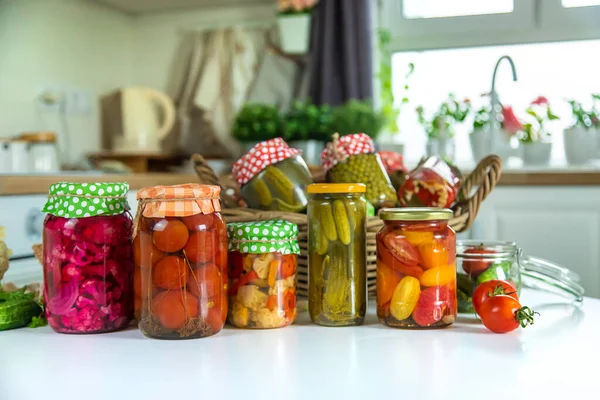 Jars Preserved Vegetables Winter Selective Focus Food —  Fotos de Stock