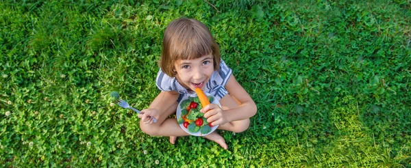 Bambino Mangia Broccoli Verdure Carote Focus Selettivo — Foto Stock