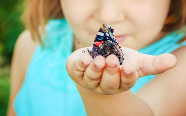 Enfant Avec Papillon Concentration Sélective Nature Enfant — Photo