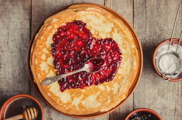 Crepes Sono Fatte Casa Frittelle Concentrazione Selettiva Cibo Bevande — Foto Stock