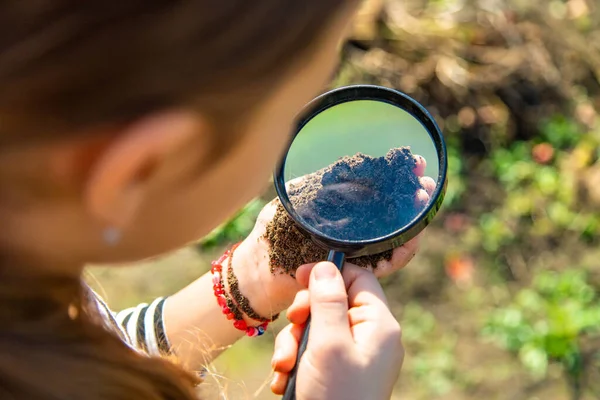 Kinder Untersuchen Den Boden Mit Einer Lupe Selektiver Fokus Kind — Stockfoto