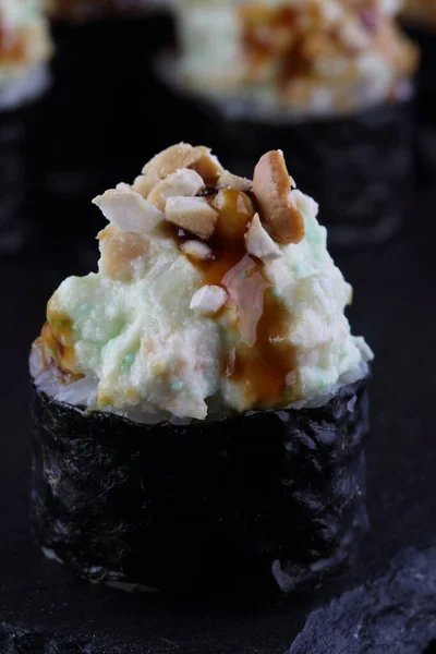 Rolls Sushi Black Background — Stock Photo, Image