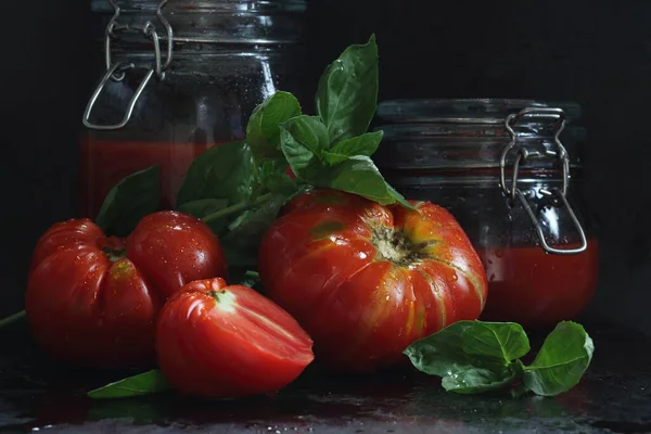 Still Life Tomatoes Tomato Juice Basil Black Background — Stock Photo, Image