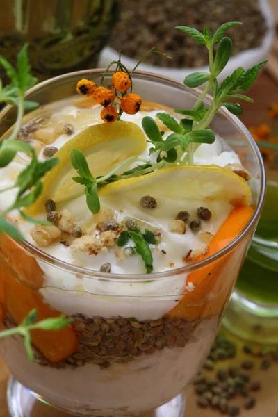 Dessert Yogurt Persimmon Hemp Sativa Sprouts Wooden Background — Stock Photo, Image