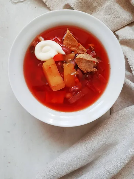 Sopa Tomate Com Carne Legumes Feijão Borscht Com Carne Bovina — Fotografia de Stock