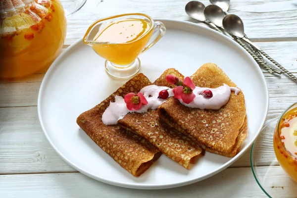 Pancakes Yogurt Honey Pancake Week — Stock Photo, Image