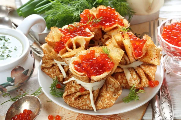 Pancake Bags Minced Meat Red Caviar Sea Buckthorn Tea — Stock Photo, Image