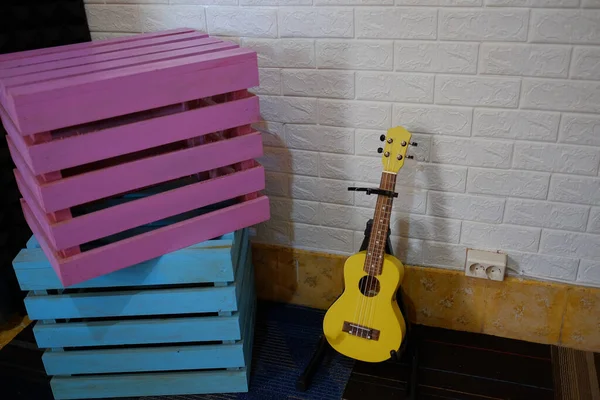 우쿨렐레 현악기가 스튜디오 바닥에 있었다 하와이에서도 인기가 포르투갈의 — 스톡 사진
