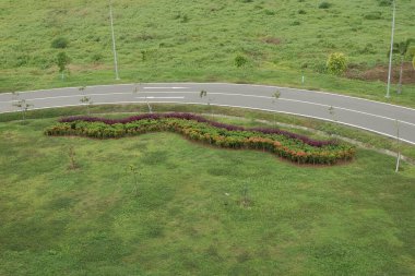 Yeşil çimenli parklar arasında boş asfalt yol.