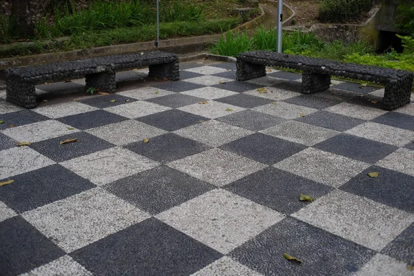 Chessboard Floor Design Open Garden Several Chairs Public — Stock Fotó