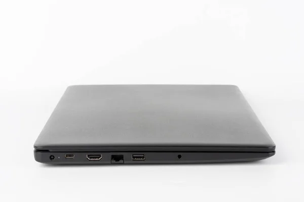 Modern New Office Black Laptop White Background Side View Usb — 图库照片