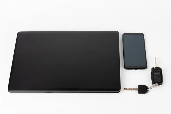 Modern Office Black Laptop Touchscreen Smarthphone Car Keys Business Concept — Stockfoto