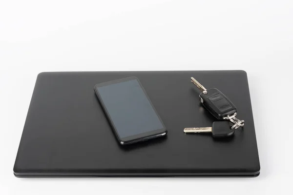 Modern Office Black Laptop Touchscreen Smarthphone Car Keys Business Concept — Photo