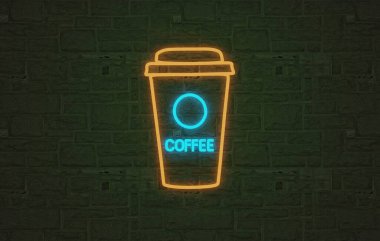 Kahve neon ışığı işareti, tuğla kaplamalı parlayan kahve.