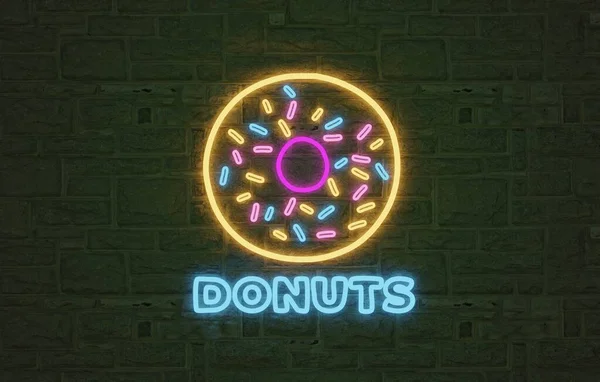 Donut Neon Licht Teken Gloeiende Donut Met Baksteen Achtergrond — Stockfoto