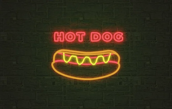 热狗霓虹灯 发亮的带有砖背景的热狗 — 图库照片