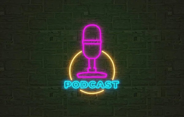 Podcast Neon Φως Σημάδι Λαμπερό Podcast Banner Φόντο Τούβλο — Φωτογραφία Αρχείου