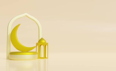 Ramazan Kareem resmi. Ramazan Kareem 3d kopya alanı ile illüstrasyon. Geleneksel dini sembol hilal, asılı fener, altın konfeti.