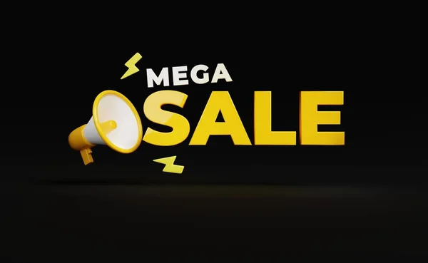 Mega Försäljning Banner Guld Färg Realistisk Illustration Med Megafon — Stockfoto