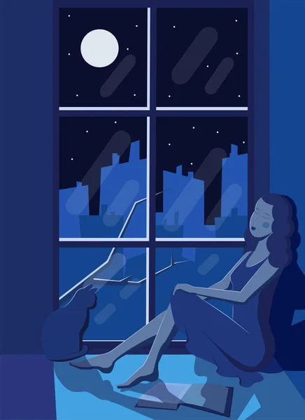 Lány Egy Macskával Ablakpárkányon Hold Fényében — Stock Vector