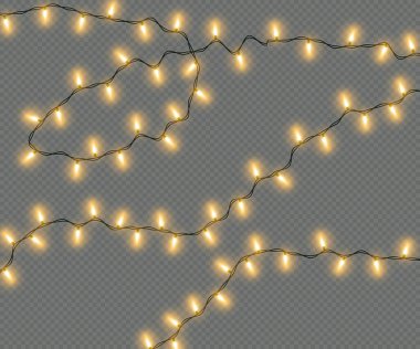 Şeffaf bir arka planda izole edilmiş Noel ışıkları. Sarı ampullerin Noel elektrik çelengi. Noel tebrik kartı tasarımı için parlayan ışıklar, tatil süslemeleri. Vektör illüstrasyonu
