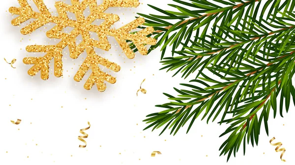 Fondo Navidad Año Nuevo Con Copo Nieve Oro Brillante Ramas — Vector de stock