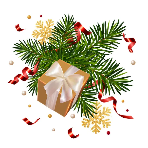 Χριστουγεννιάτικο Φόντο Κουτί Δώρου Κλαδιά Πεύκου Λαμπερό Χρυσό Νιφάδες Χιονιού — Διανυσματικό Αρχείο