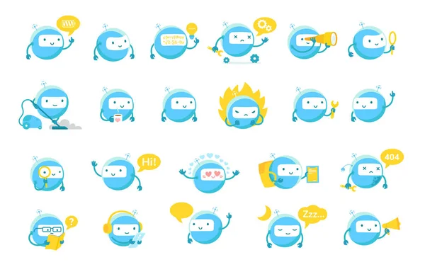 Kleine blauwe ronde robot mascotte karakter grote set. Leuke Robot emoji. Cartoon vector illustraties. Kunstmatige intelligentie. — Stockvector