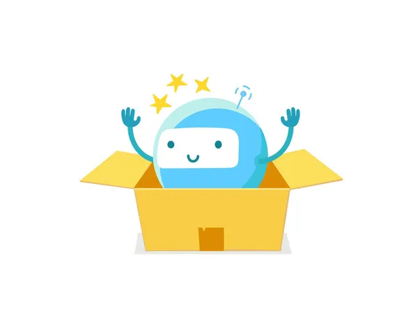 Round robot packaged. Unboxing. New device. Vector illustration. — Stock Vector