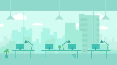 Hafta içi ofis geçmişi. Döngülü video. Pencereden şehre bulutlu bir görüntü. Animasyon. Hareket grafikleri.