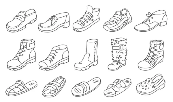 Schoenen iconen ingesteld. Verschillende soorten schoenen winkel assortiment. Aanpasbare beroerte. — Stockvector