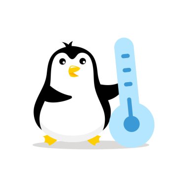 Pinguen ve termometre. Düşük ateş. Maskot çizgi film vektör çizimi.