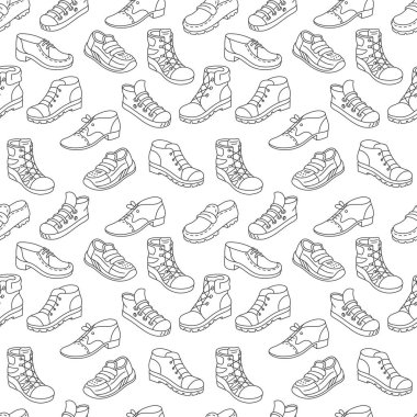 Ayakkabılar kusursuz desenli arka plan. Farklı türde ayakkabı dükkanları var..