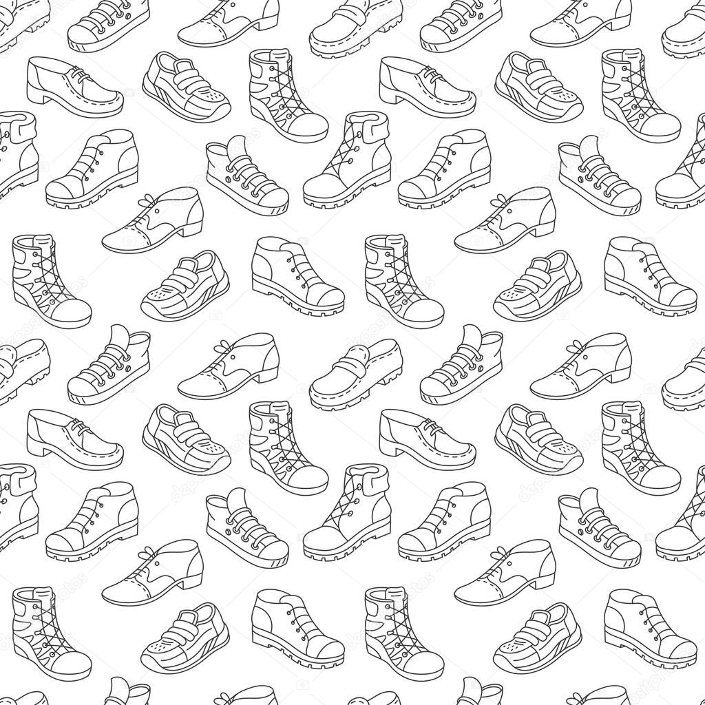 Shoes seamless pattern background. Different types of shoes shop assortment.