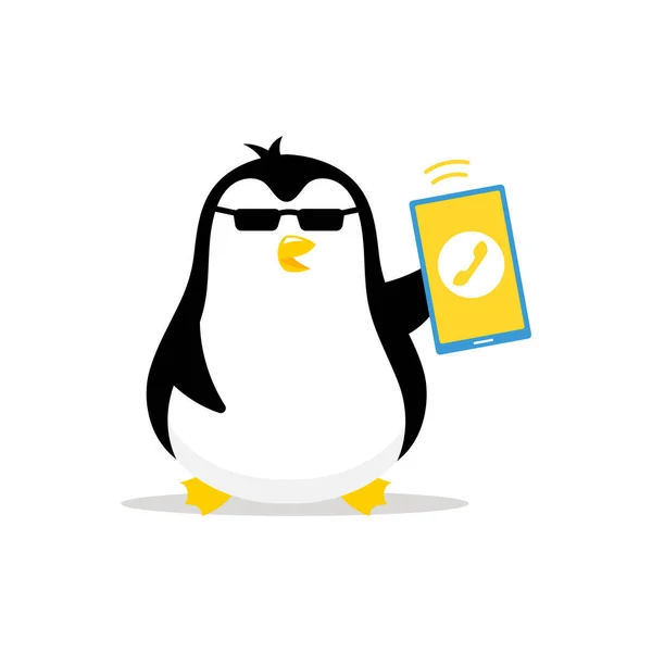 Pingouin avec téléphone. Centre d'appels. Réactions. Illustration vectorielle de dessin animé mascotte. — Image vectorielle