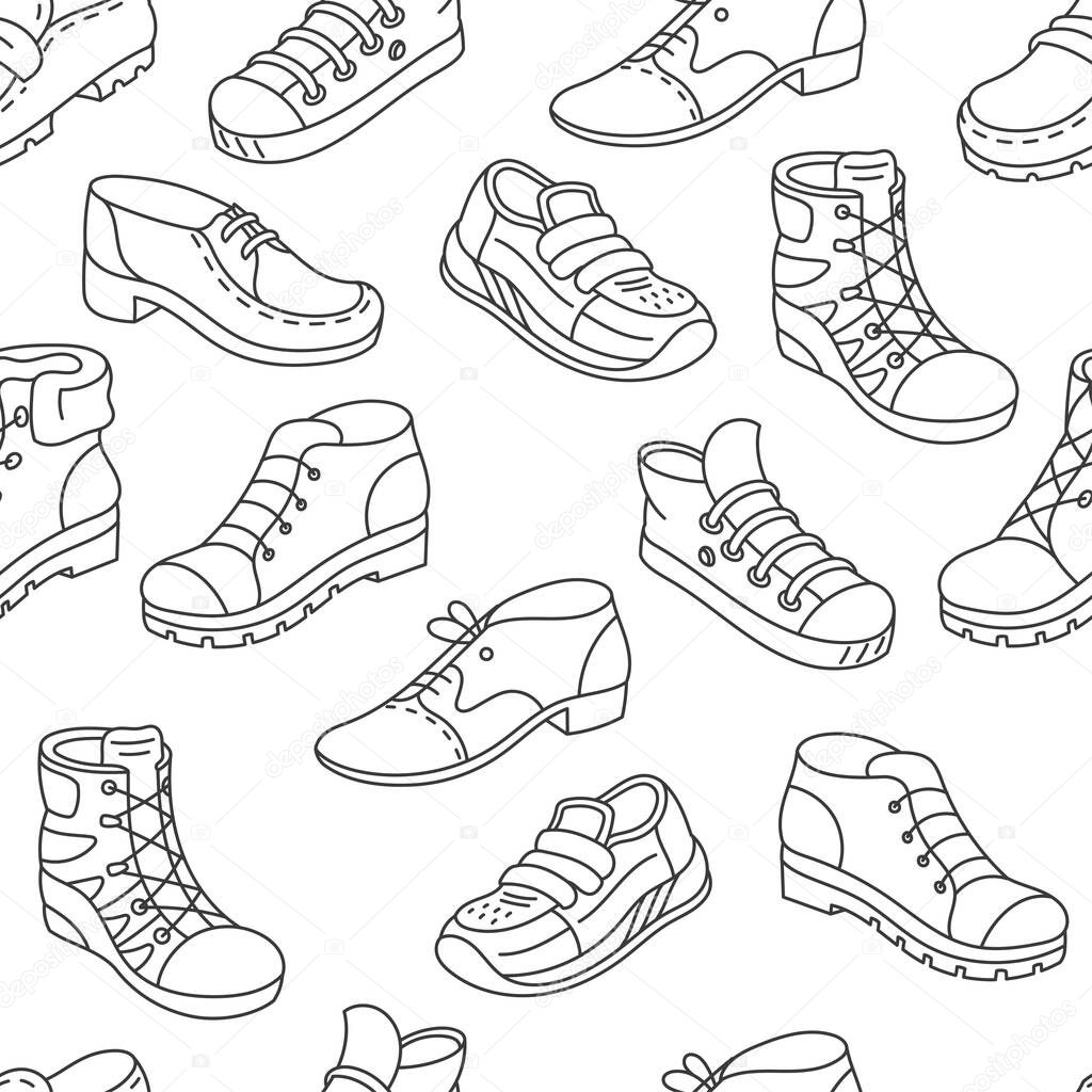 Shoes. Different types of shoes shop assortment. Editable stroke size. Seamless pattern background.