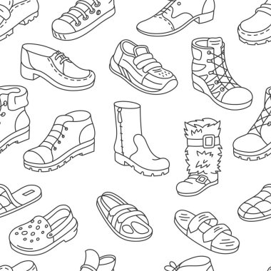 Ayakkabılar. Farklı türde ayakkabı mağazaları. Düzenlenebilir taslak boyutu. Kusursuz desen arkaplanı.