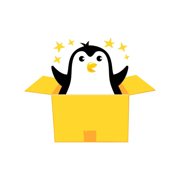Presente Unboxing Pinguim Mascote Desenho Animado Ilustração Vetorial Aves Árcticas Gráficos De Vetores