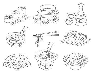 Asya mutfağı. Düzenlenebilir dış hat vuruşu. Vektör çizgisi simgesi. Yolları aç.