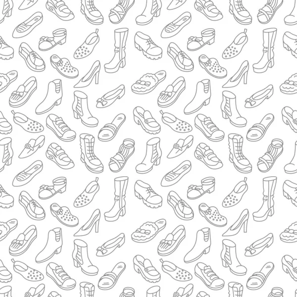 不同类型的鞋子商店的分类 可编辑的大纲尺寸 无缝图案背景 — 图库矢量图片