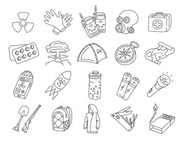 Tahliye için acil durum kiti. Vektör nesneleri ayarlandı. Düzenlenebilir felç boyutu. Satır simgesi. Yolları aç.